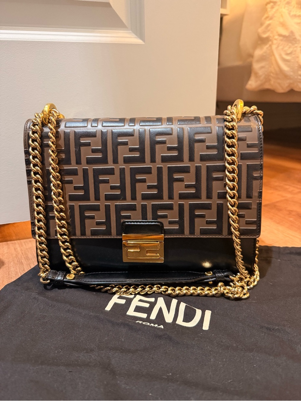 Fendi Black Brown FF Logo Chain Shoulder Bag